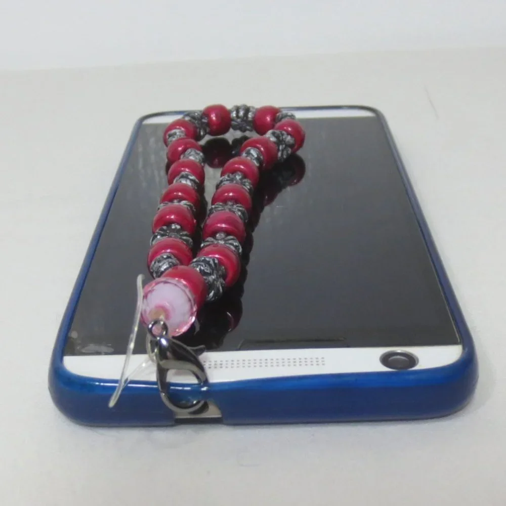 NEW Handmade Stretch Bracelet Red Silver Beaded Phone Charm Accessory Lanyard